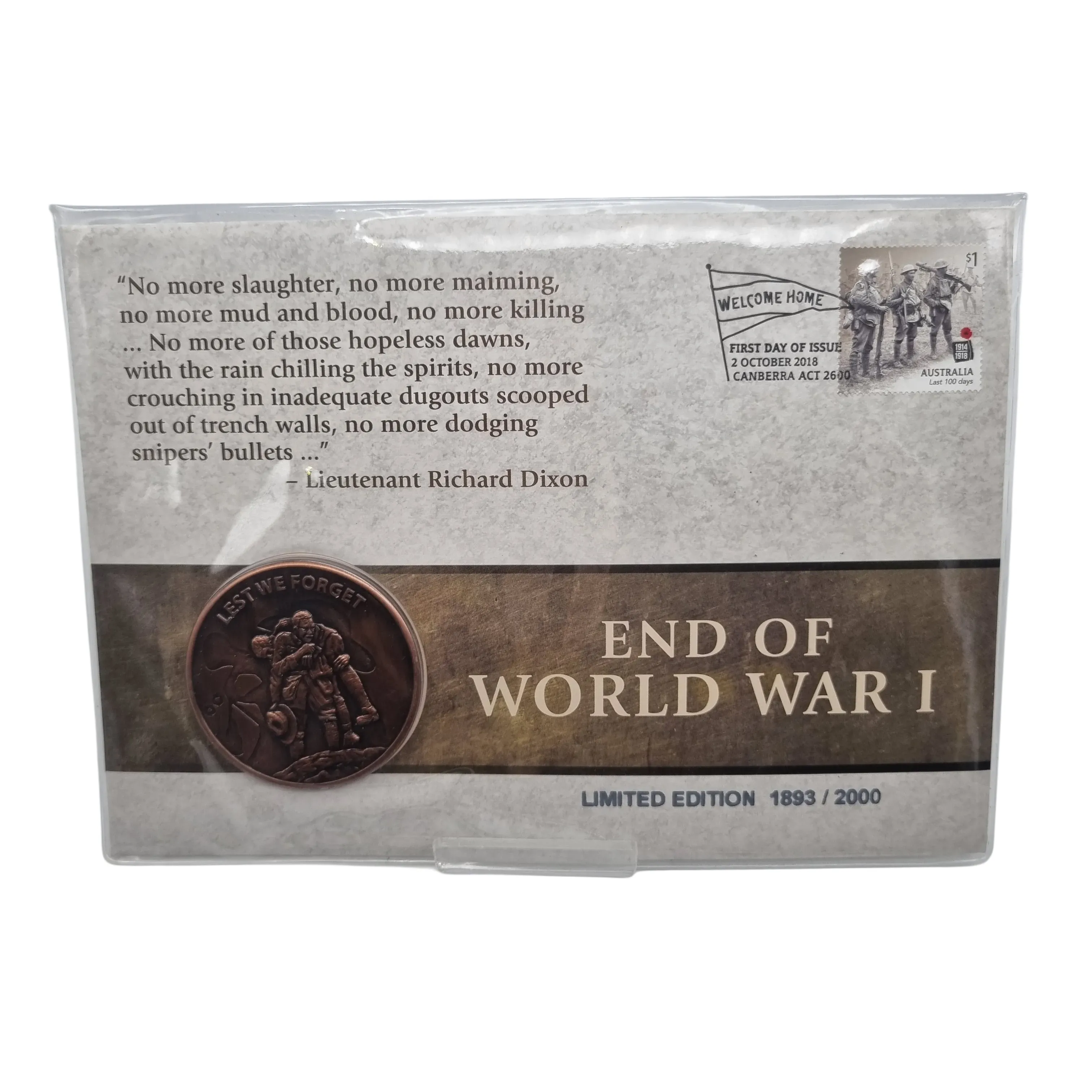 2018 Centenary of World War I FDC With Commemorative Medallion 1893/2000