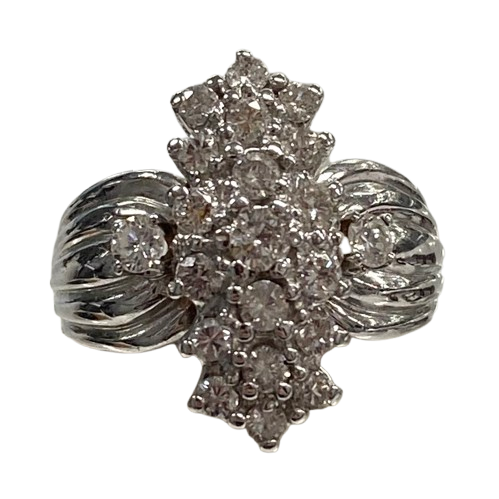Ladies 9ct White Gold Diamond Cluster with 21 Round Brilliant Cut Diamonds in Shared Claw Settings. TDW 1.07ct. Size P. With Valuation Certificate.