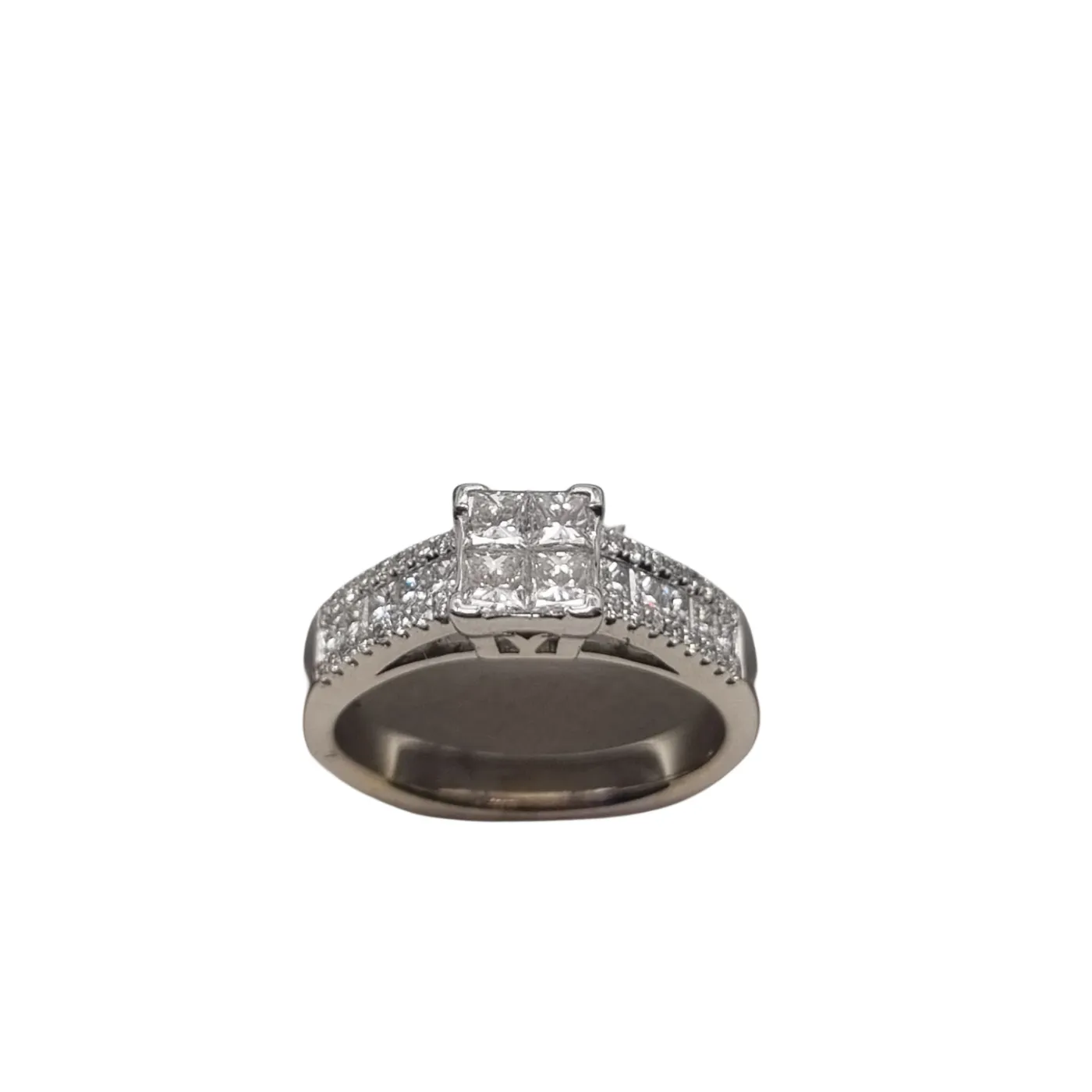 18ct White Gold 5.86g 46 Stone Diamond Ring – 0.52ct Total Four Princess Cut Diamonds – Size 6.5 + Val Certificate