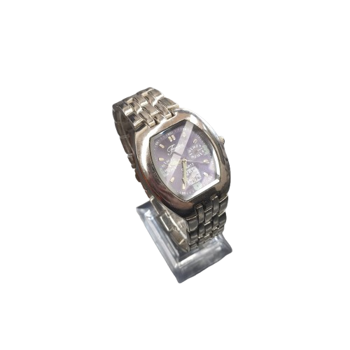 Unisex Silver Metal Band Analog Watch with Purple Glass Oval Dial (LN)