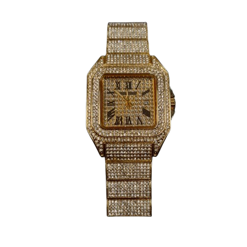 Pintime Square Face Watch Mens Gold With Bling (GE)