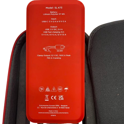 SCHUMACHER JUMPSTART KIT SL 413 S/N:9406547300BR252200120 RED IN CARRY CASE WITH ALL LEADS (BORKEN ZIP ON CASE) TESTED
