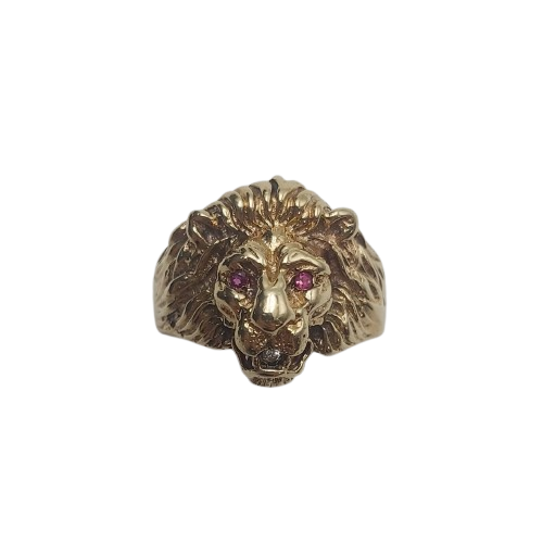 Men’s 9ct Yellow Gold Lion Face Ring 7.1g with Ruby Eyes and Diamond in Mouth