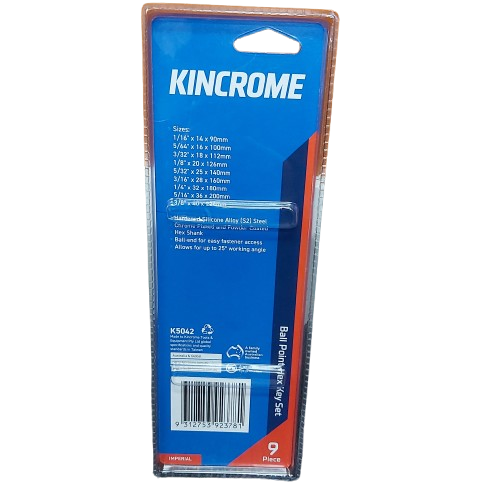 Kincrome Imperial Ball Point Hex Set 9 Pieces K5042 Like New