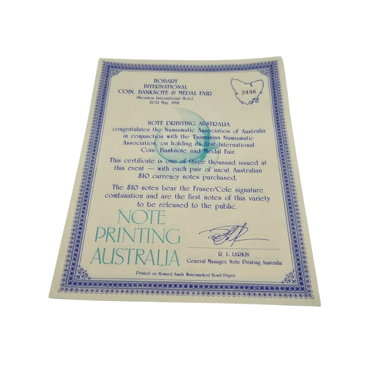 Australian Bank Notes – Uncut Blue $10 notes x 2 (Fraser/Cole, 1991 issue) + Certificate (WR 1346910)