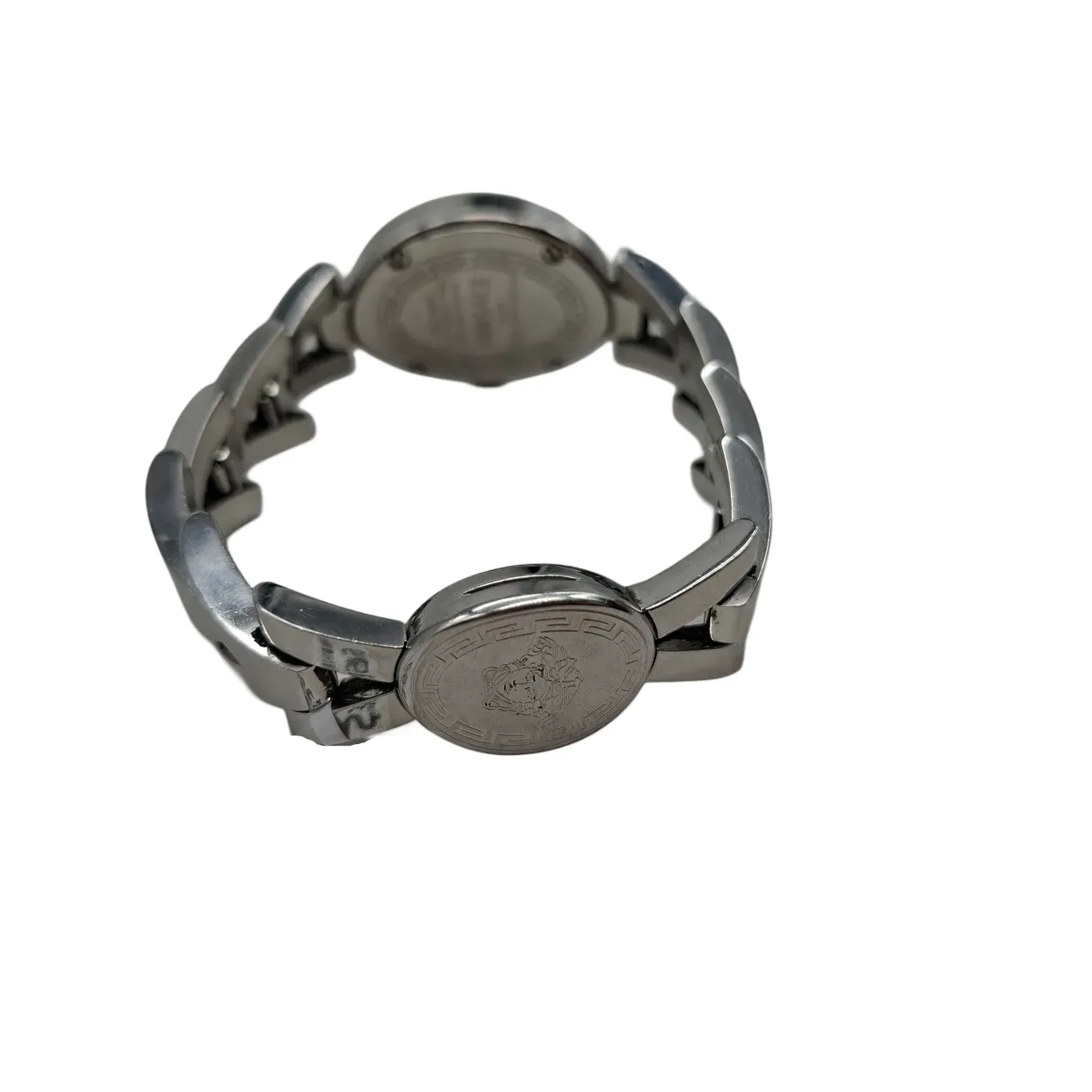 Ladies Silver Versace Watch 60Q99 Silver Stainless Steel Band Analogue Black Oval Face (WR)