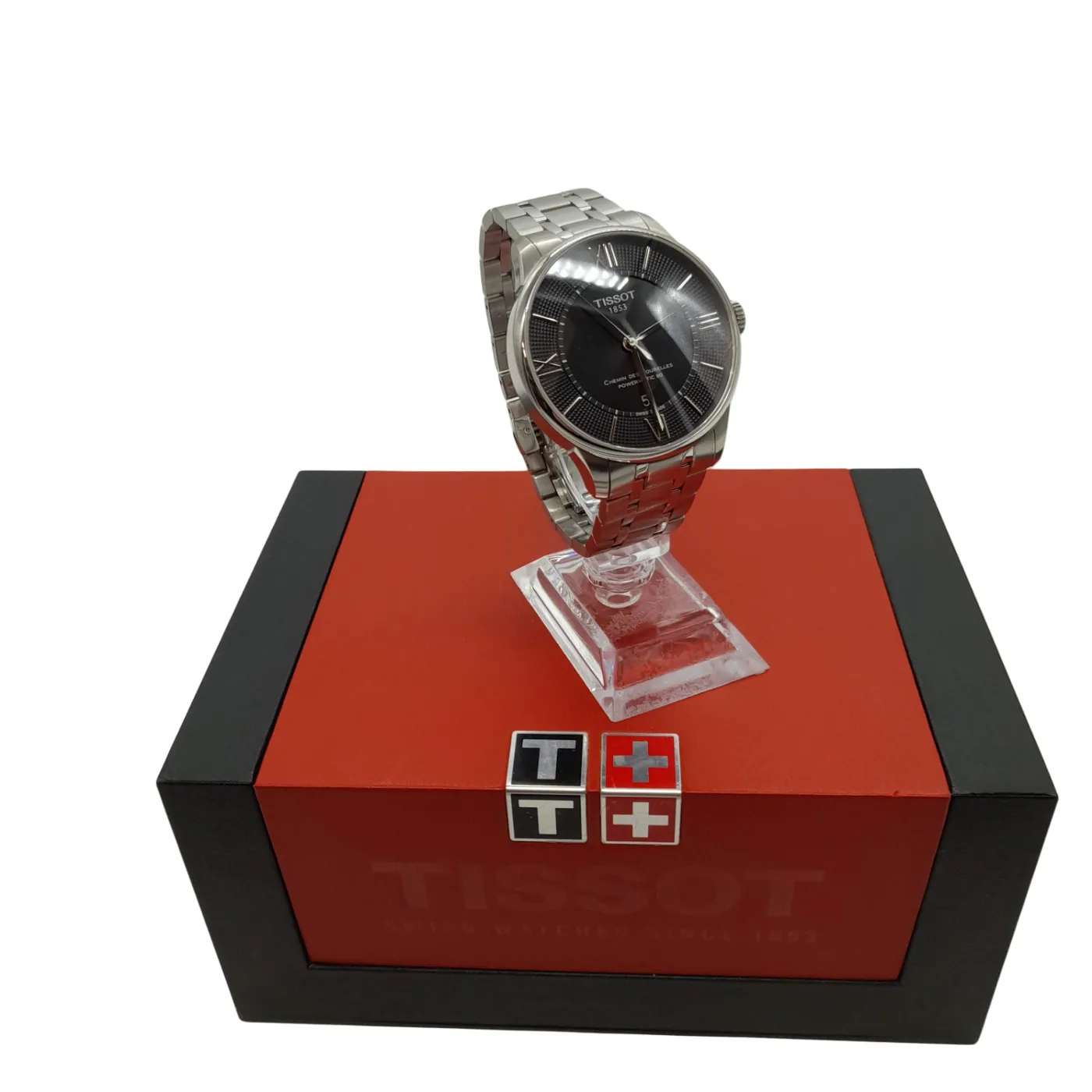 Mens Black Tissot Chemin Des Tourelles Watch Silver Stainless Steel Band with Box  (WL 1353156)