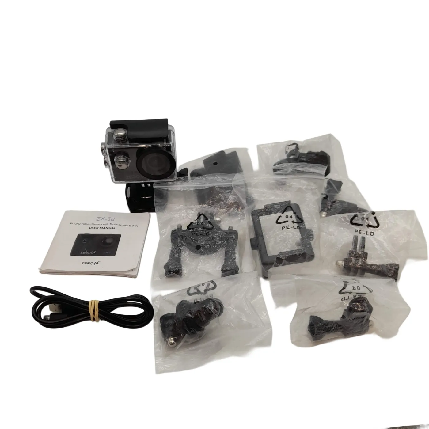 Zero-X ZX-30 Action Camera Black Grey With 8 Attachments+Manual+Charger (WL1423263)
