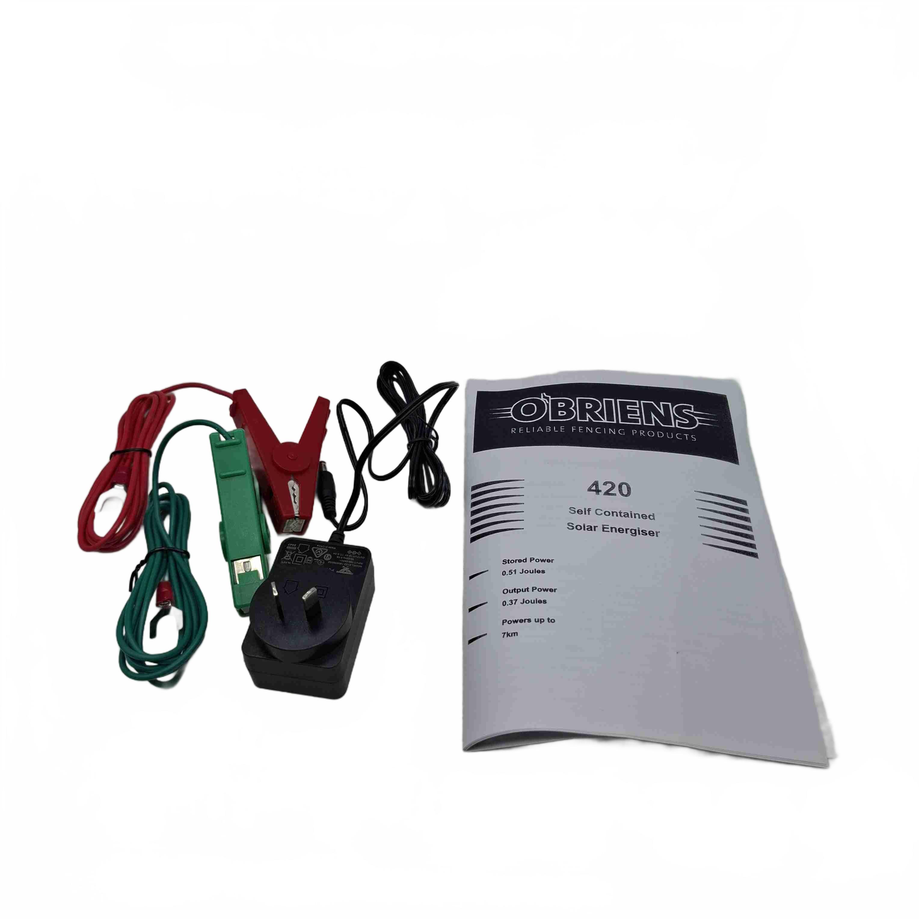 O’Briens 420 Self Contained Solar Energiser 7km In Box + Power + Clamps + Manual (1435429)