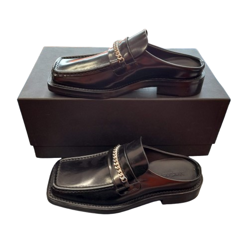 Martine Rose Square Toe Mule, Size 37, Black High Shine Leather, Silver Chain Accent, Excellent Condition With Box And Dustbag