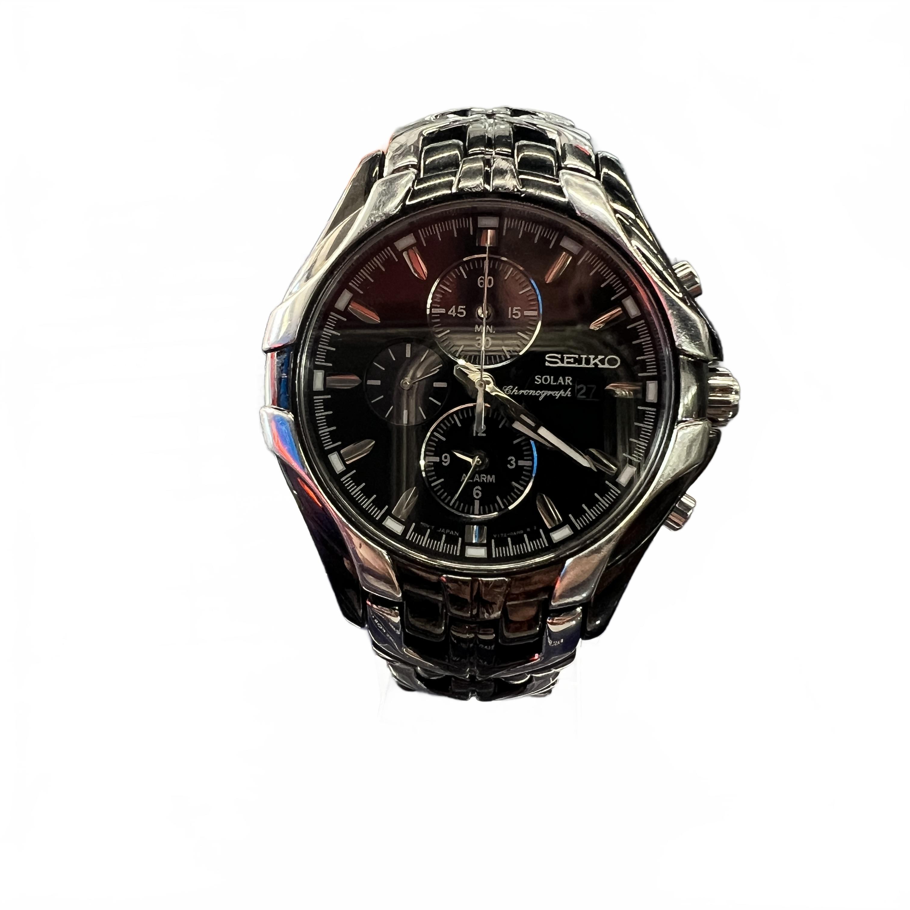 Seiko Solar Chronograph V1720AK0 Black And Silver Steel Band Watch (MK)