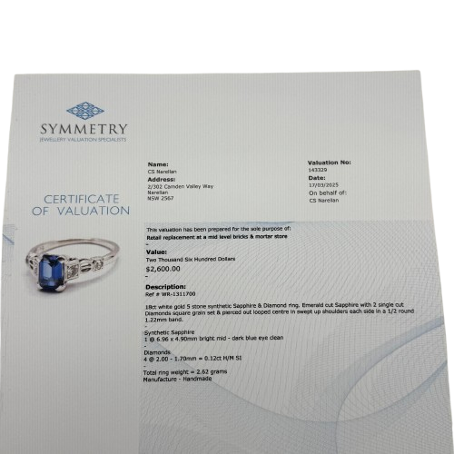 Ladies 18ct White Gold 5 Stone Synthetic Sapphire & Diamond Ring 0.12ct TDW K 5 1/2 With Valuation (WR 1311700)