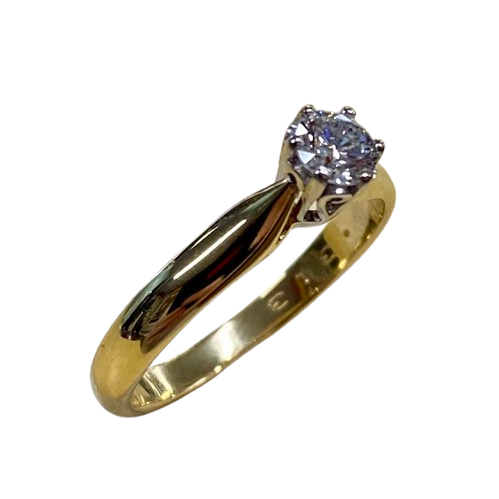 Ladies 18ct White & Yellow Gold Stone Diamond Ring. Single Round Brilliant Cut White Gold 6 Claw Set With Tapered Scroll Pierced Out Collet With Pointed Swept Up Shoulders. TDW 0.31ct. Size M/6.5, With Valuation Certificate (NG 99365)