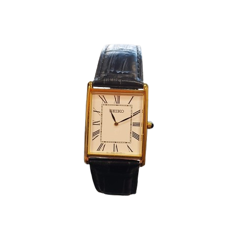 Classic Dress Men’s Roman Seiko Gold Black Strap Watch