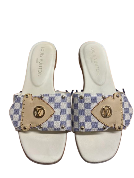 Louis Vuitton LW0215M Frame Flat Mule Grey Cream Size 36 With Entrupy Certificate (NG)