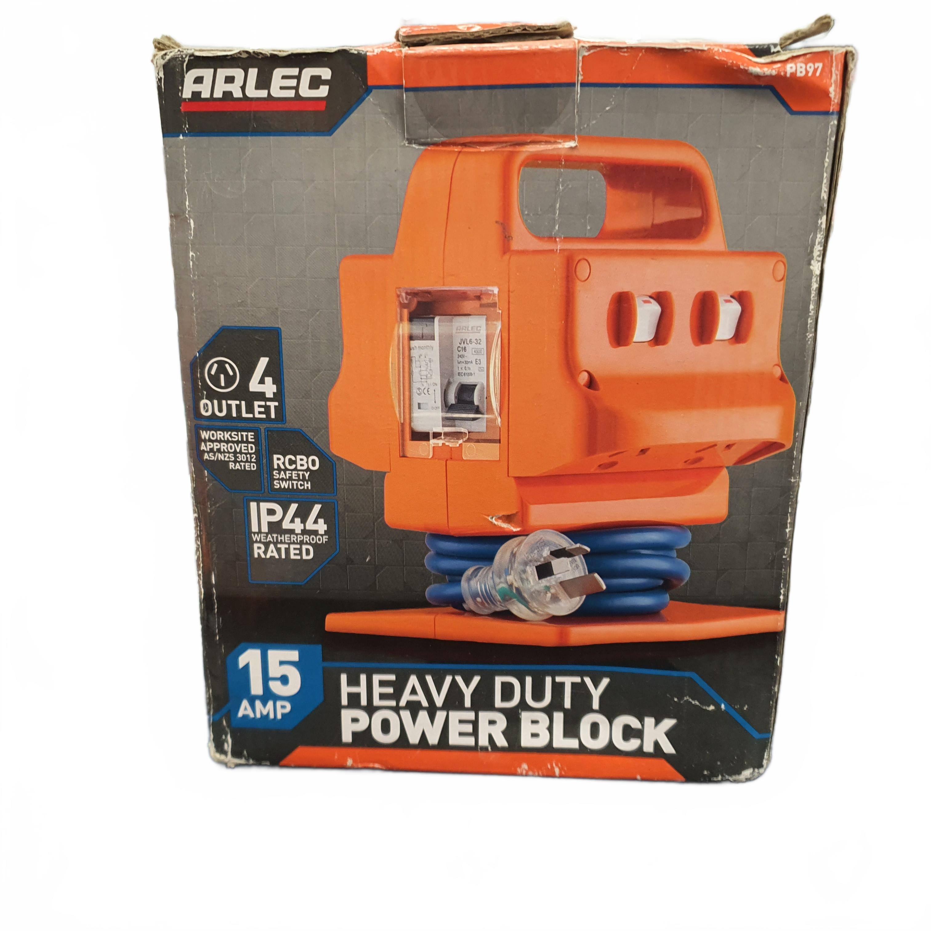 Arlec 15A RCD Power Block PB97, Orange, With 15A Extension Cord **SECOND HAND** (MR1429275)