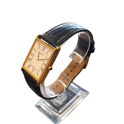 Classic Dress Men’s Roman Seiko Gold Black Strap Watch