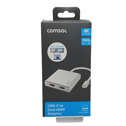 Comsol USB-C to 2x HDMI Video Adapter, CMHD02, Silver, UNUSED OPENED Only (WR 1375887)