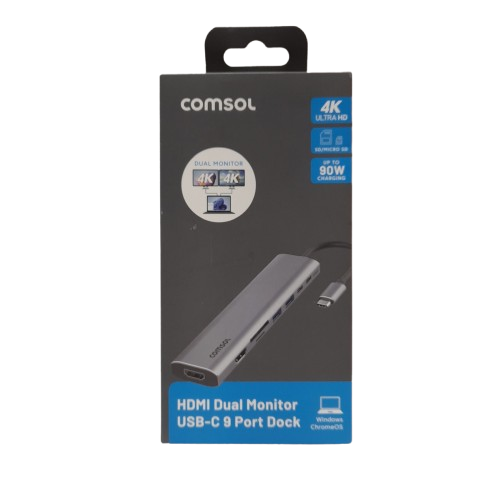 Comsol HDMI Dual Monitor USB-C 9 Port Dock REV2025 Grey In The Box (LN)