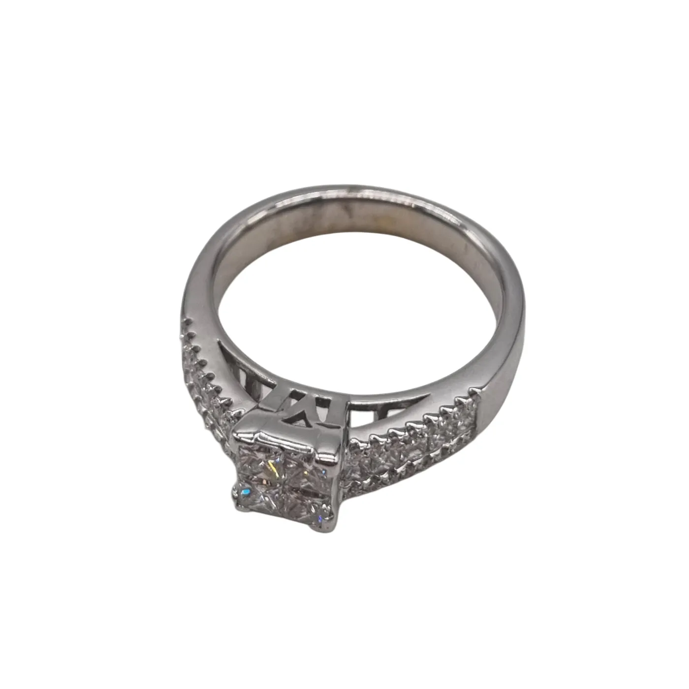 18ct White Gold 5.86g 46 Stone Diamond Ring – 0.52ct Total Four Princess Cut Diamonds – Size 6.5 + Val Certificate