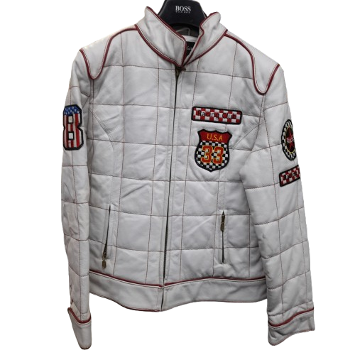 Marcia Leather Jacket White Racing Jacket Size XL