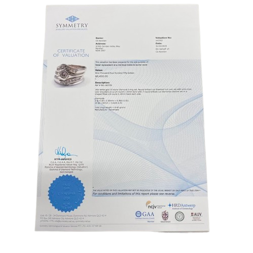 Ladies 18ct White Gold 3 Ring Set. Rub Over Set 0.30ct Round Brilliant Cut Diamond, With 7 Round Brilliant Cut Channel Set In Fitted Bands Each Side. TDW 0.72ct. Size O With Valuation Certificate.