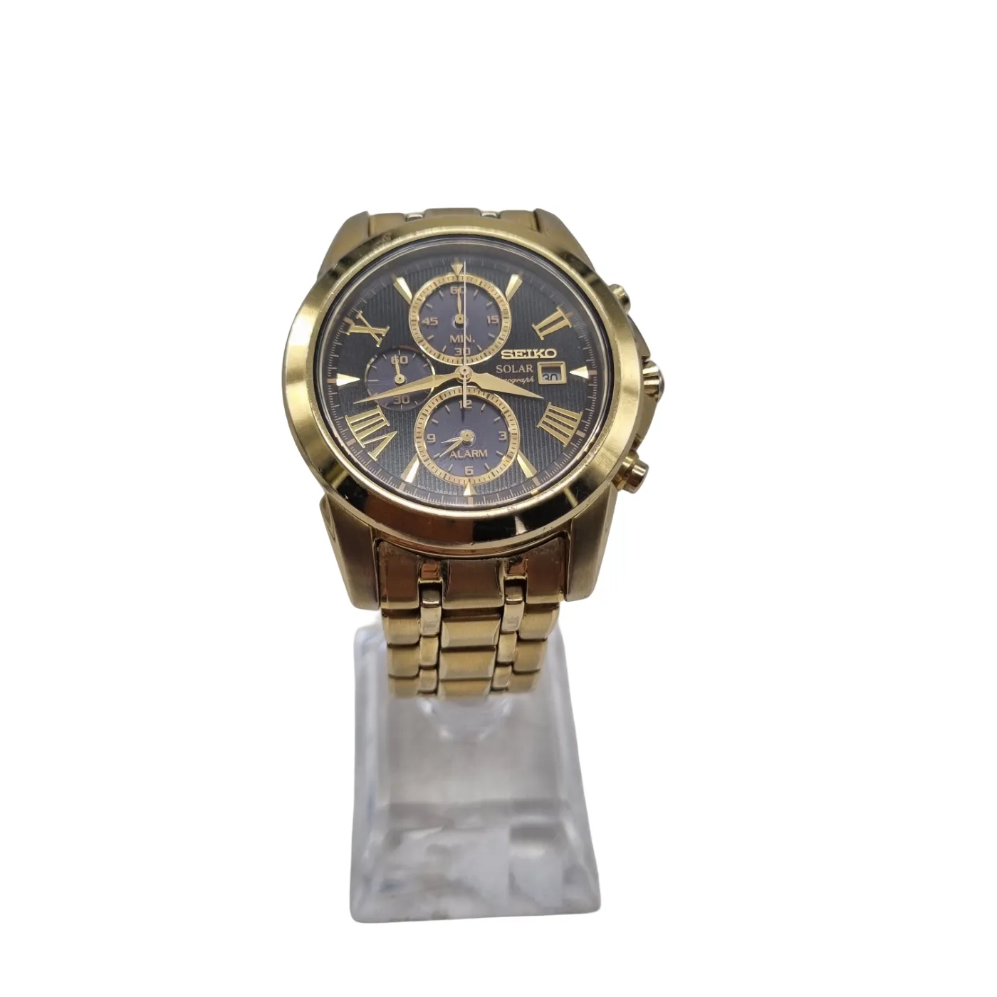 Seiko Men’s Gold Chronograph Watch V172-0AN0 with Black Dial and Stainless Steel Band (WR 1397065)