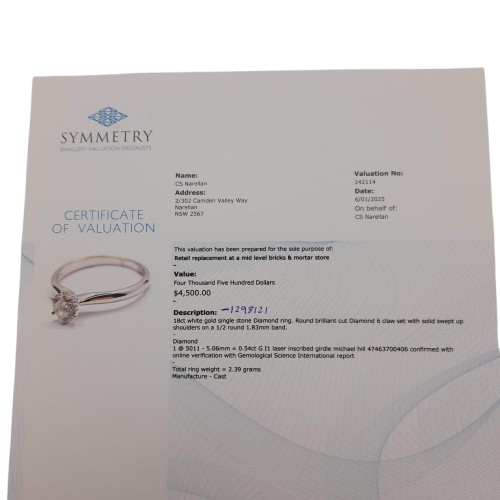 Ladies 18ct White Gold Round Ring with Round Brilliant Diamond 6 Claw Set TDW 0.54ct K 5 1/2 With Valuation