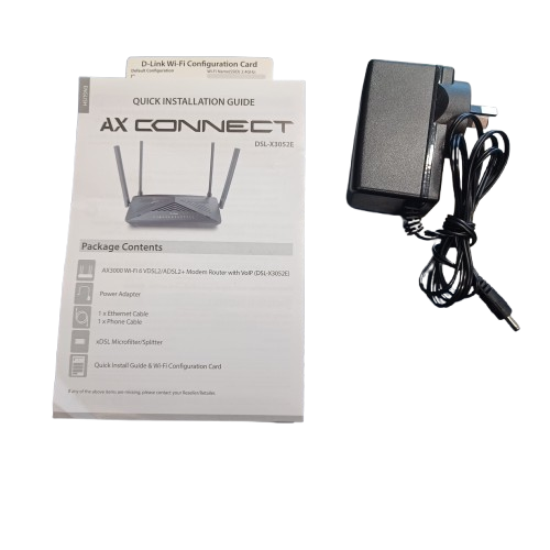 D-Link AX3000 Dual Band WiFi 6 VoIP Modem Router DSL-X3052E, Black, Very Good Condition, With AC Adaptor, Manual + Wifi Config Card (LE 1356401)