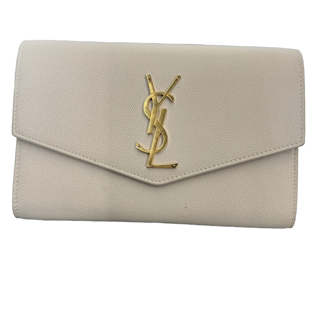 Saint Laurent Uptown Leather Wallet Cream With Chain And Card Holder (MK)