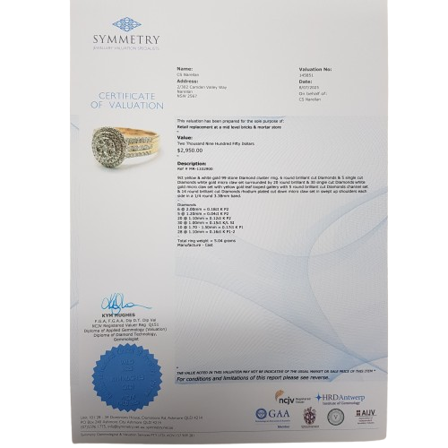 Ladies 9ct Yellow & White Gold Brilliant Cut Diamond Cluster and Channel Set Ring 0.82ct TDW P With Valuation