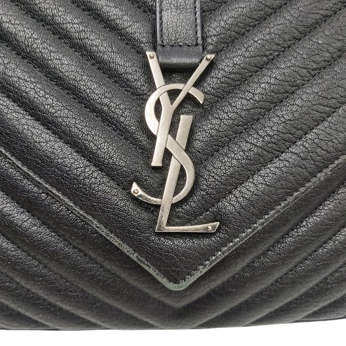 Yves Saint Laurent College Medium Satchel in Quilted Lambskin Leather – Black with Patina Silver Hardware (Includes Box & Dust Bag)
