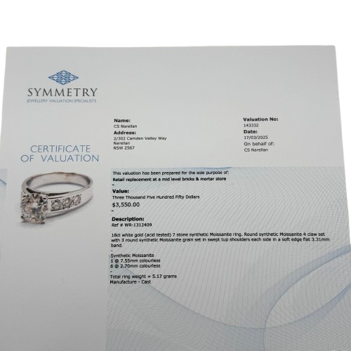 Ladies 18ct White Gold 7 Stone Synthetic Moissanite Ring K 5 1/2 With Valuation (WR 1312409)