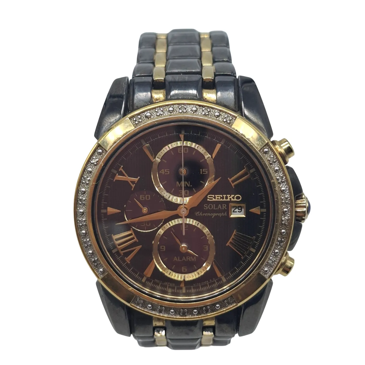 Mens Black Seiko Watch 158.3GMS V172‑0AV0 Black Steel Band (WR 1373480)