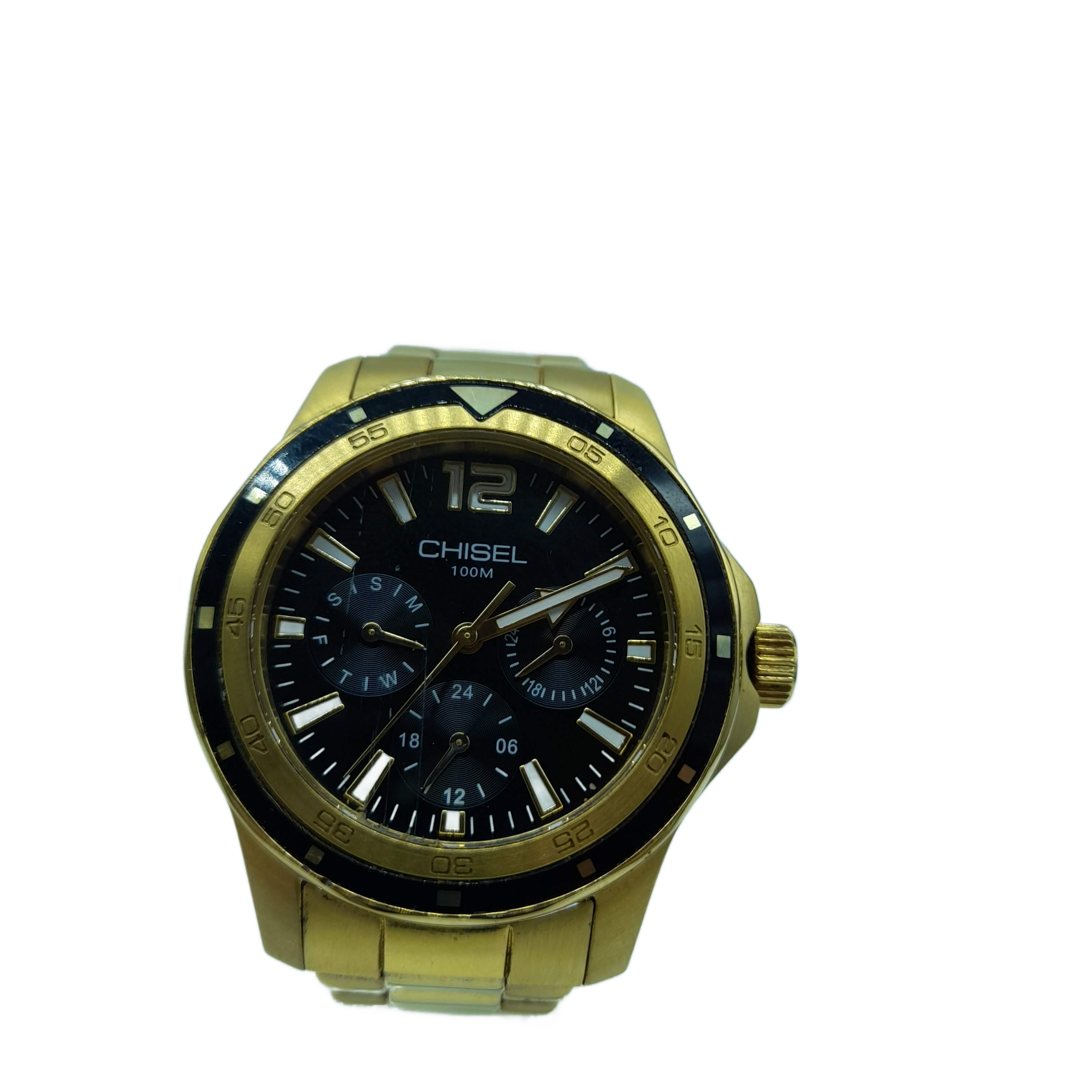 Men’s Chisel Gold Tone Stainless Steel Watch 5829304, Black Dial, Light Scuffing To Edge Of Face, TICKING (GE 1414329)