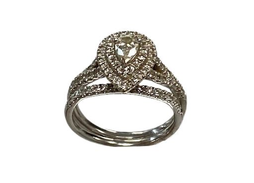 Ladies 14ct White Gold 76 Stone Diamond Pear Shape V Cap 2 Ring Set Size O TDW 0.99ct With Valutation Certificate