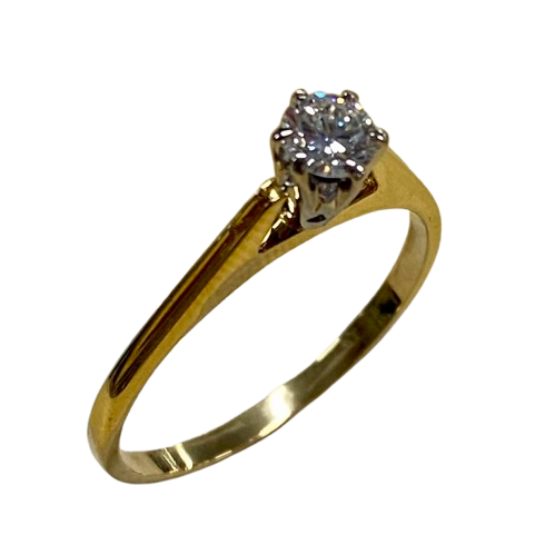 Ladies 18ct Yellow & White Gold Single Stone Diamond Ring. Round Brilliant Cut Diamond White Gold 6 Claw Set With Tapered Pierced Out Collet On Flat Yellow Gold Under Rail With Grooved Swept Up Shoulders. TDW 0.55ct. Size H/4.5, With Valuation Certificate (NG 63624)
