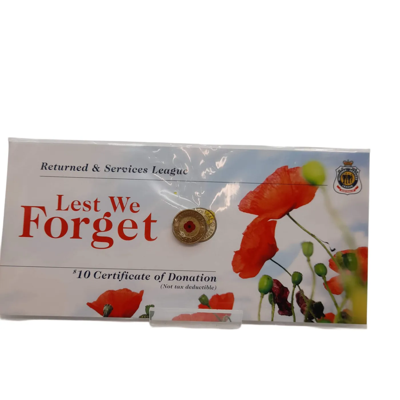 LEST WE FORGET RSL $10 Certificate Red/Gold $2 Red Poppy Coin with Cardboard (WL1412180)
