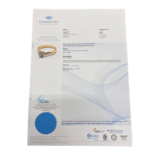 Ladies 18ct White & Yellow Gold Stone Diamond Ring. Single Round Brilliant Cut White Gold 6 Claw Set With Tapered Scroll Pierced Out Collet With Pointed Swept Up Shoulders. TDW 0.31ct. Size M/6.5, With Valuation Certificate (NG 99365)