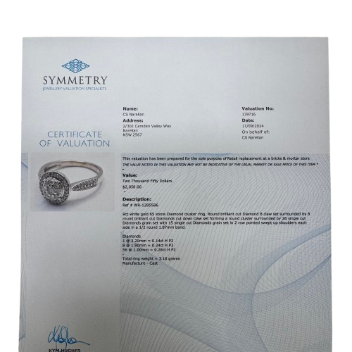 Ladies 9ct White Gold 65 Brilliant & Single Cut Diamond Cluster Ring 0.66ct TDW O 1/2 7 With Valuation (WR 1285586)