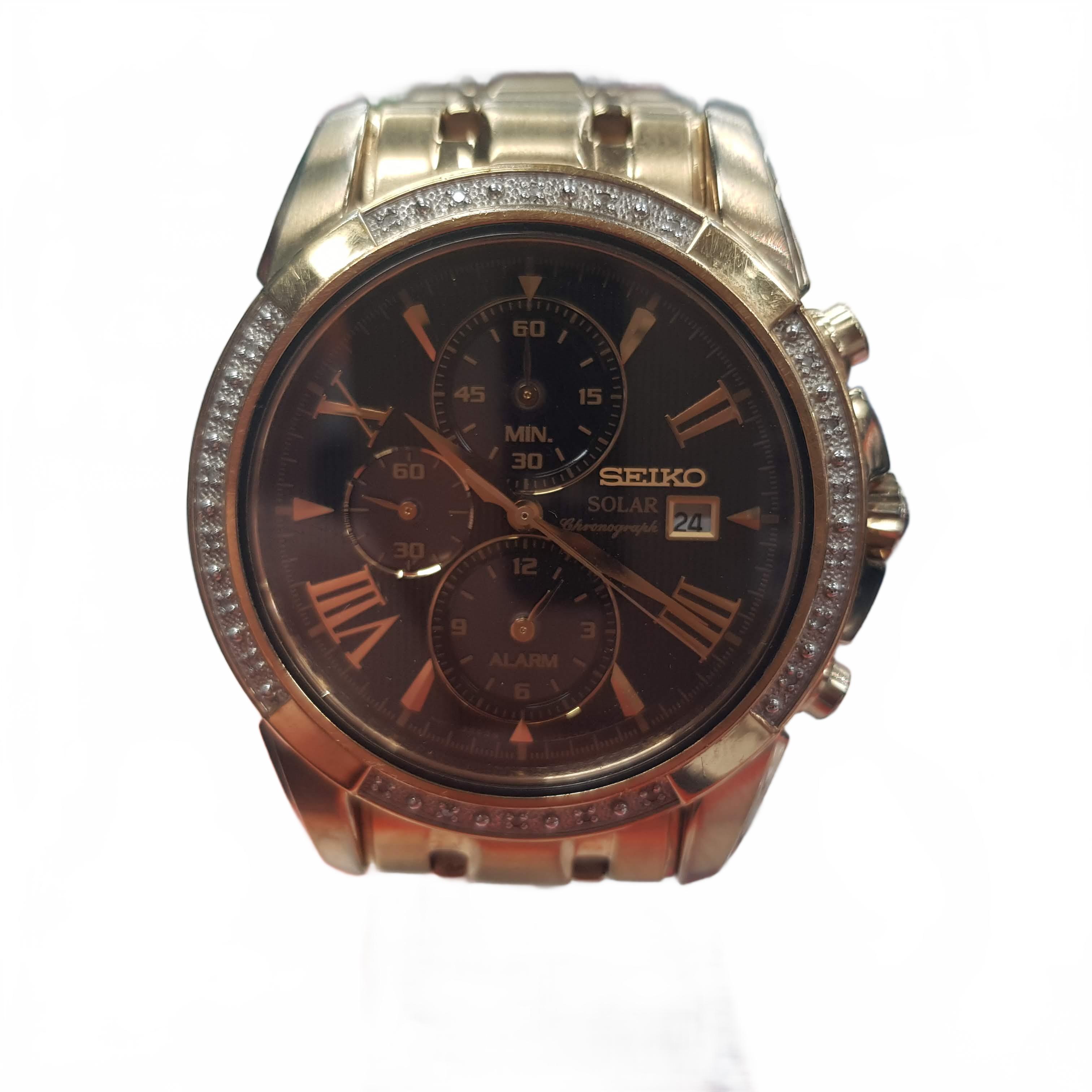 Seiko Solar Mens Watch Gold Steel Band Oval Black Dial (1432284) (MR)