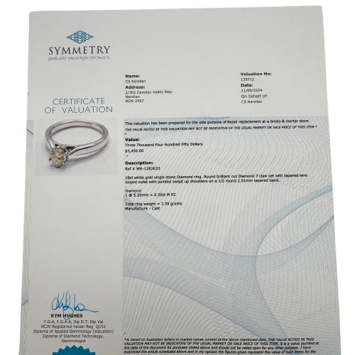 Ladies 18ct White Gold Single Diamond Stone Engagement Ring 0.50ct TDW K 5 1/2 With Valuation (WR 1282633)