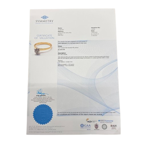 Ladies 18ct Yellow & White Gold Single Stone Diamond Ring. Round Brilliant Cut Diamond Illusion Grain Set With Tapered Gallery With Pointed Swept Up Shoulders. TDW 0.20ct. Size L/6, With Valuation Certificate (NG 142944)