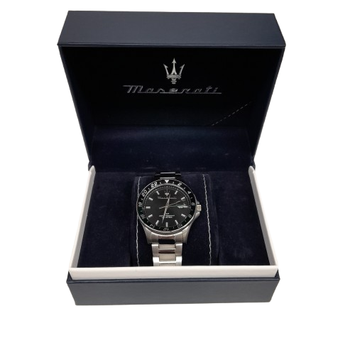 Maserati R8853140005 Sfida GMT Men’s Stainless Steel Black Dial Quartz Black Green Watch with Box and Extra Links (MR)