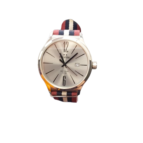 Mens Silver Steel Watch Sapphire Crystal Face – Striped Bands With Silver Case