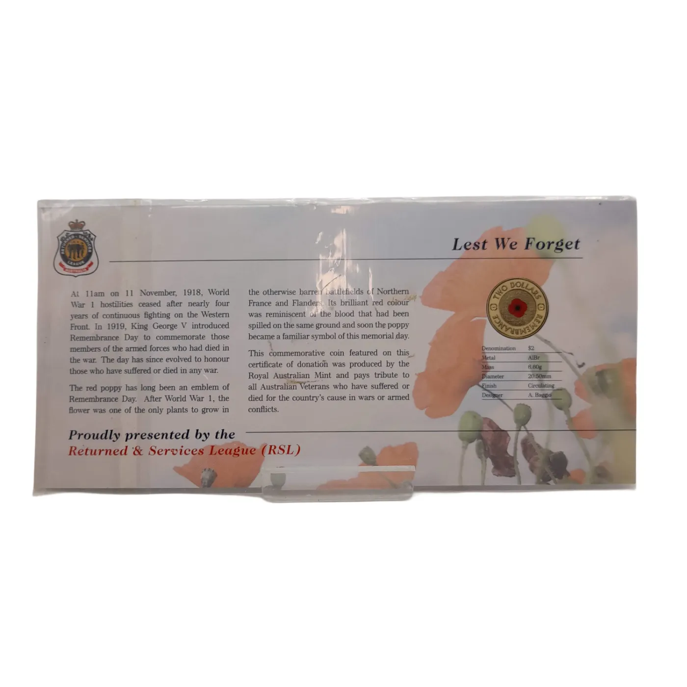 LEST WE FORGET RSL $10 Certificate Red/Gold $2 Red Poppy Coin with Cardboard (WL1412180)