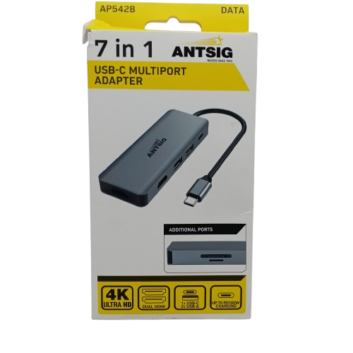 Antsig AP542B 7-In-1 USB-C Multiport Adaptor, Grey, Like New, Opened (WR)