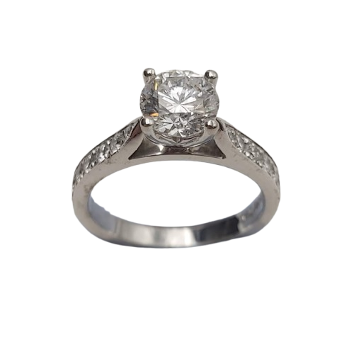 18ct White Gold 17-Stone Diamond Ring – 0.85ct G/SI1 Centre, 0.37ct Accents, Size I – Valued at AUD $14,500