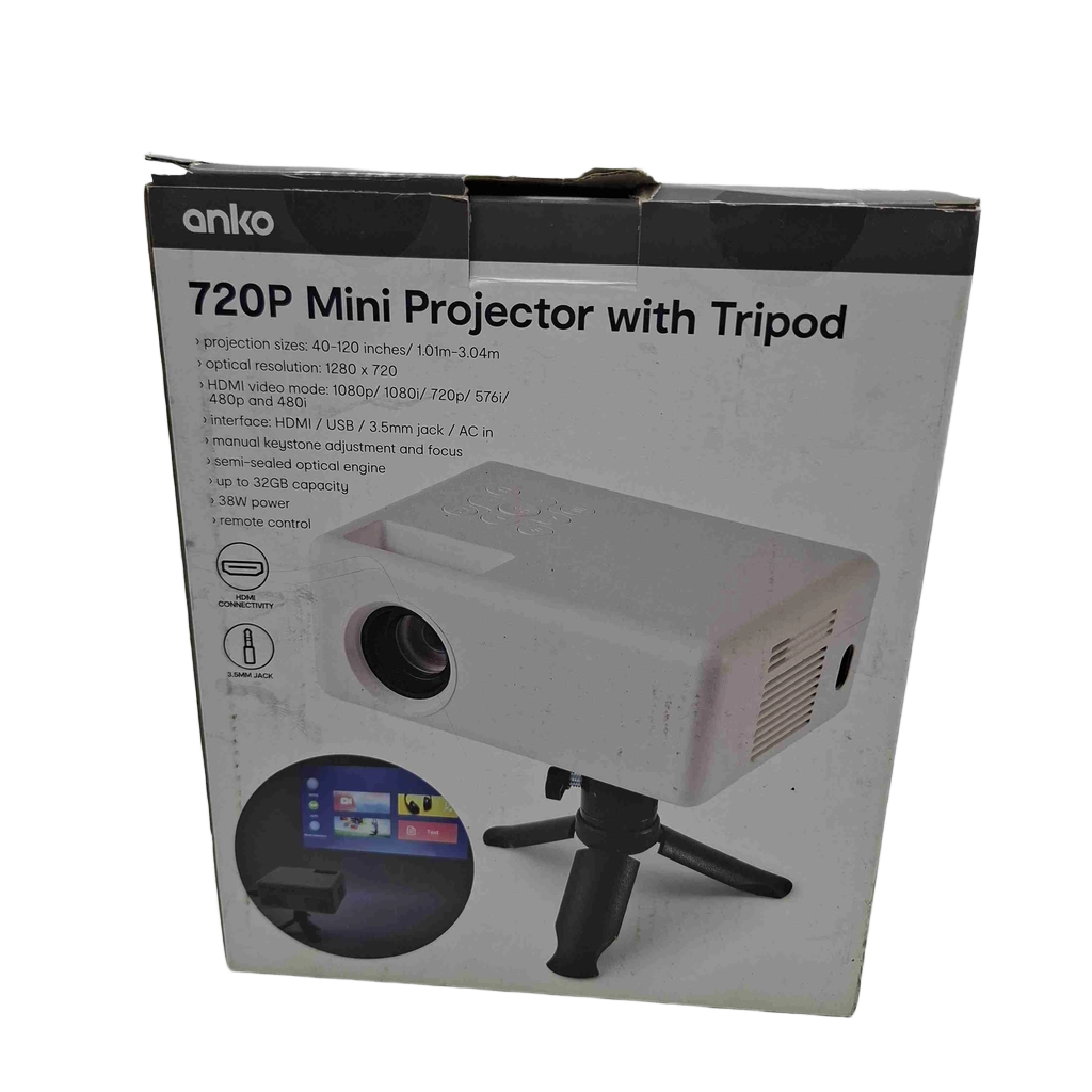 Anko Mini Projector 720P White + Power + Remote (WR1429577)