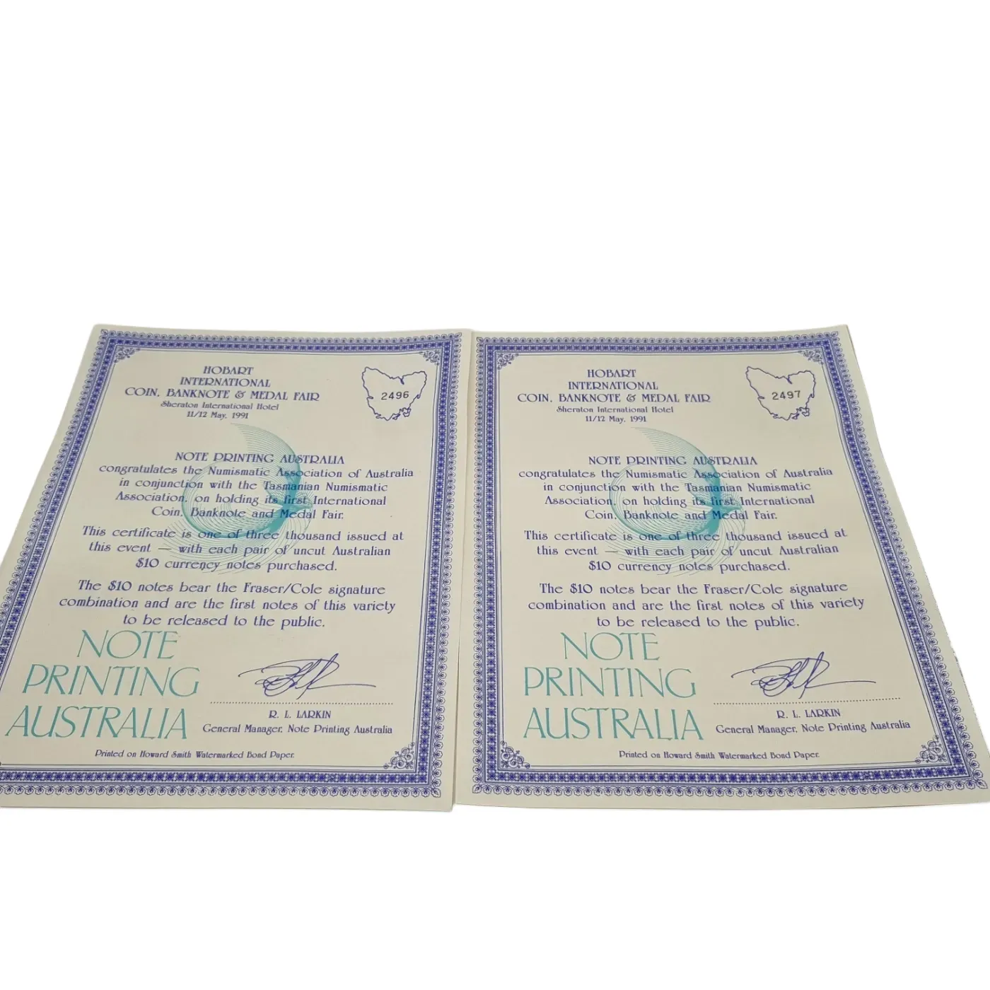 Australian Bank Notes – Uncut Blue $10 notes x 2 (Fraser/Cole, 1991 issue) + Certificate (WR 1346910)